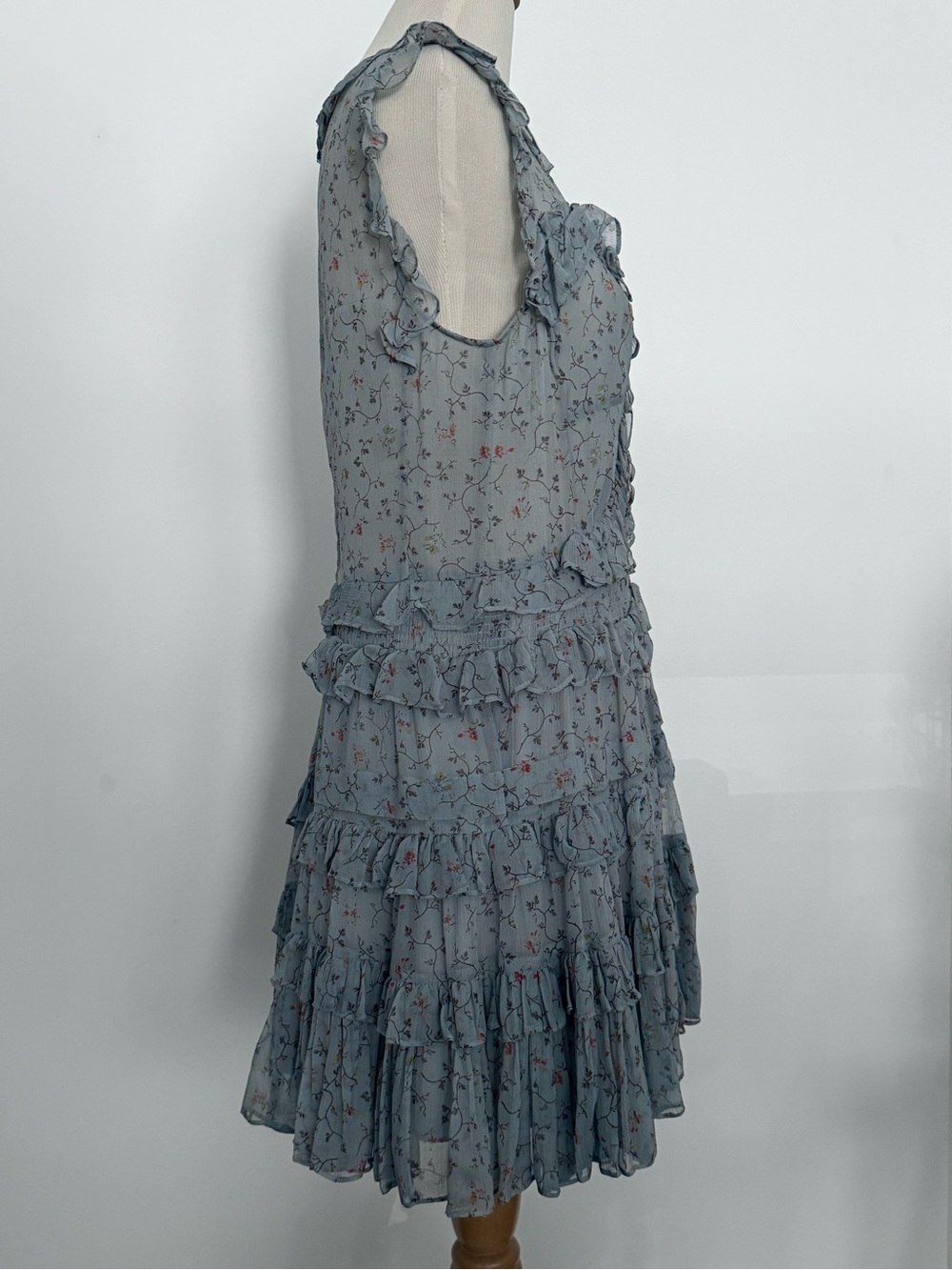 Rebecca Taylor Dusty Blue Floral Ruffle Silk Mini Dress